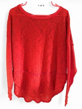 Free People Red Lace Knit Scoop Neck Sweater